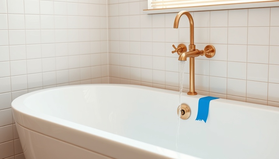 Modern bathtub with blue tape for caulking preparation, clean white tiles.