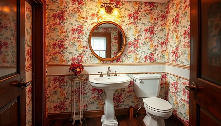 3D room design AI: Elegant bathroom with floral wallpaper.