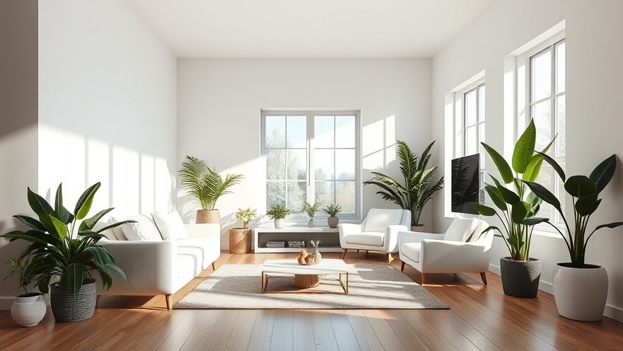 Modern minimalist living room with eco-friendly renovation, featuring air-purifying plants.