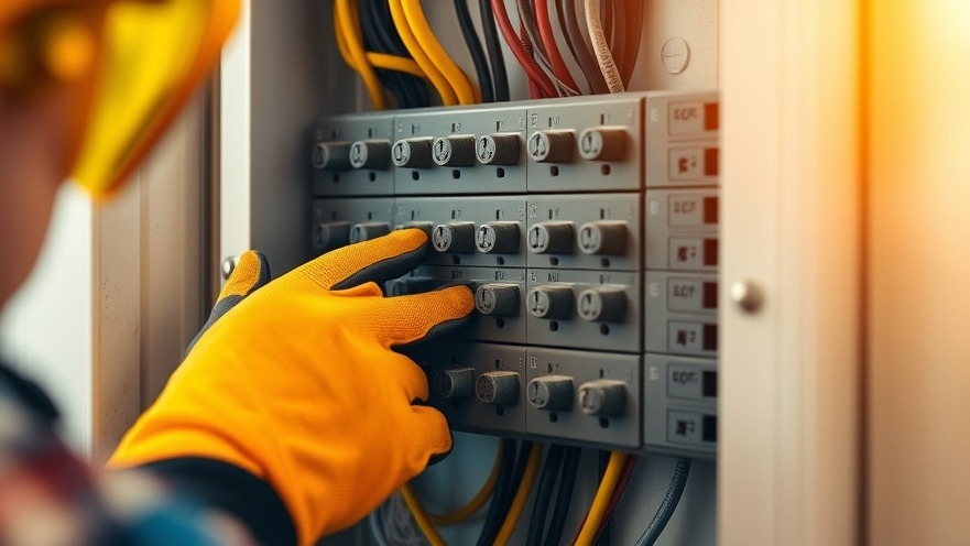 Close-up of hands inspecting a circuit breaker box with 20-amp outlets, highlighting 20-amp circuit safety.