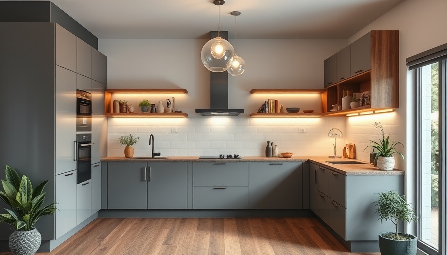 Sleek modern kitchen with grey cabinets and wood accents, popular kitchen remodel trends.