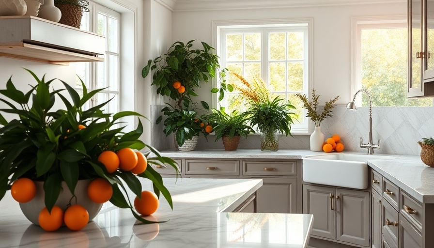 Elegant kitchen with Carrara marble countertops and oranges.