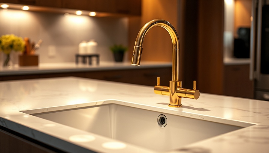 Elegant kitchen with gold faucet and stainless steel sink.