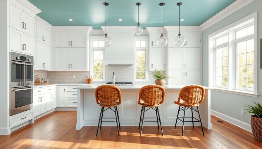 Modern kitchen design with teal accents and wicker barstools.