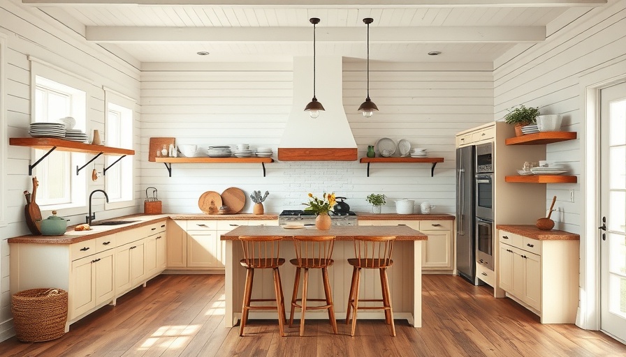 Rustic farmhouse kitchen with wooden shelves and island, small farmhouse kitchen ideas.