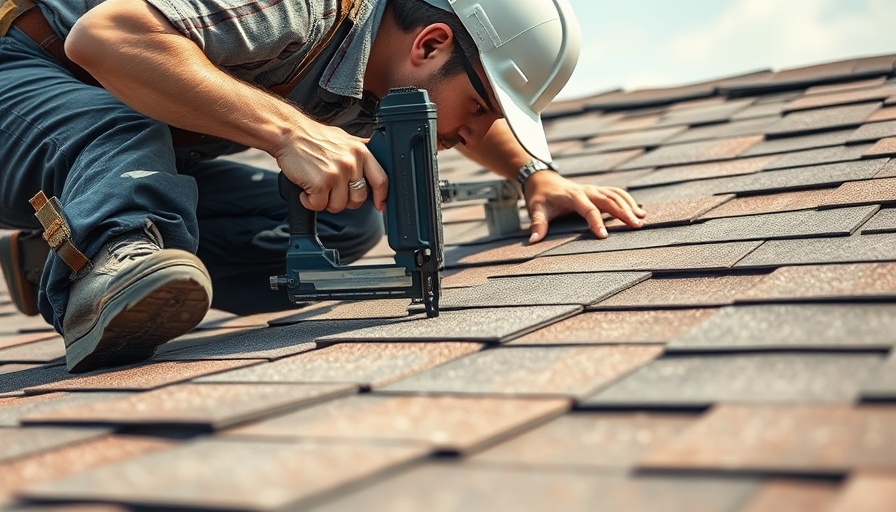 Close-up of skilled roofer installing shingles using a nail gun.