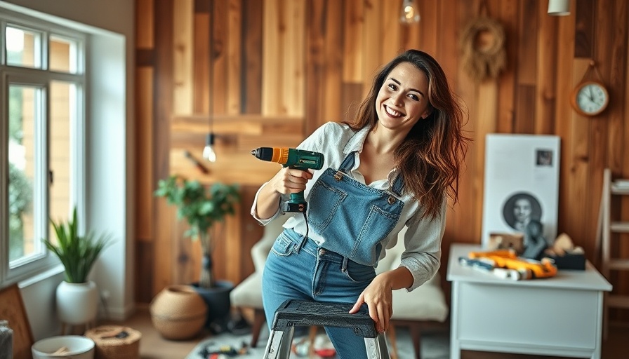 Cheerful woman using a power drill in a home setting.