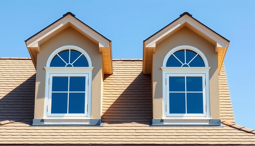 Dormer windows with brown roof shingles under a clear sky.