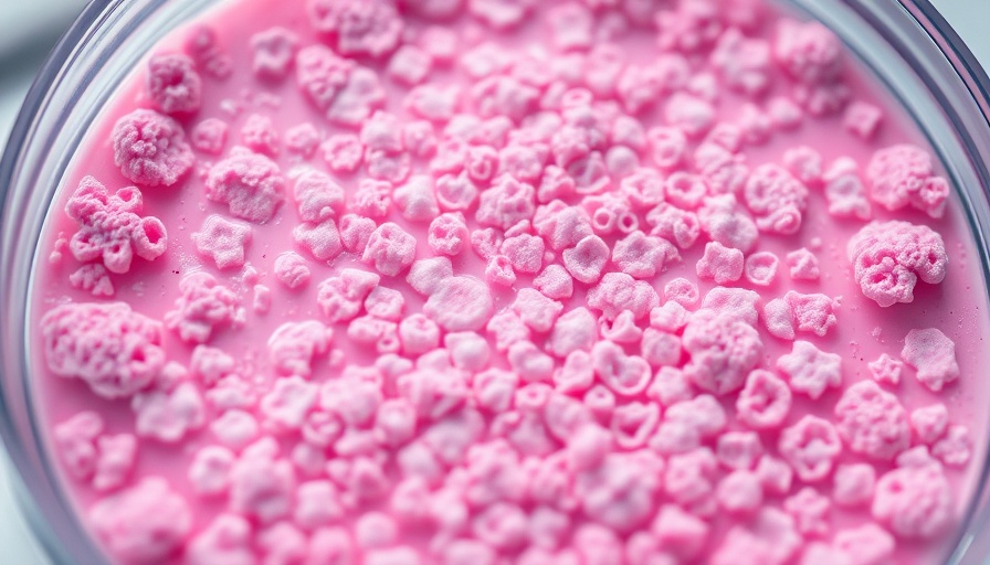 Close-up of pink mold in petri dish under bright lighting.