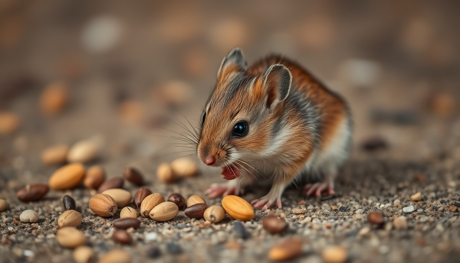 Small brown mouse eating seeds on the ground.