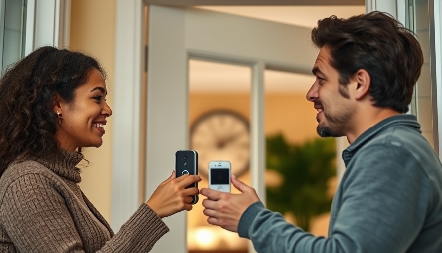 Engaged couple using smart home security system at door