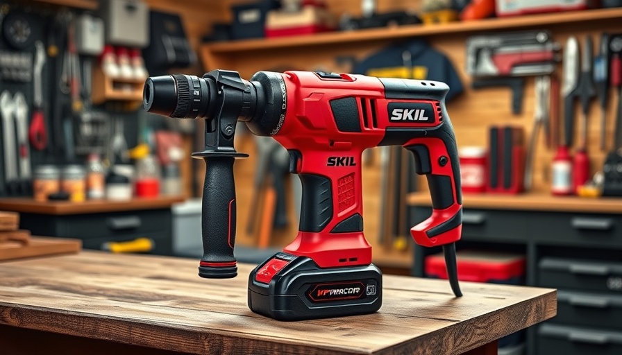 Skil PWRCore 12 Cordless Auto Hammer on workbench in garage workshop.
