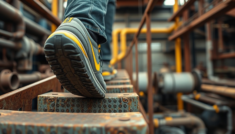 Lightest CAT work shoes on metal stairs in industrial setting.