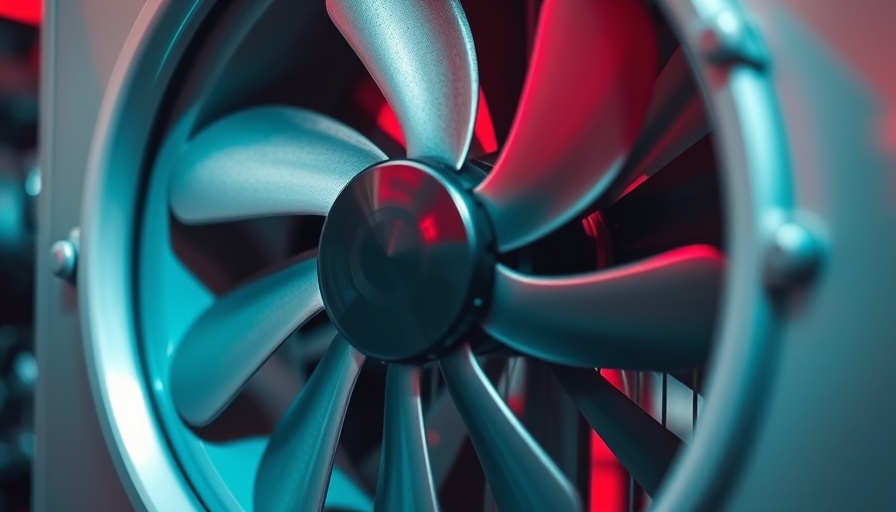 Close-up of AC unit fan with red-blue lighting.