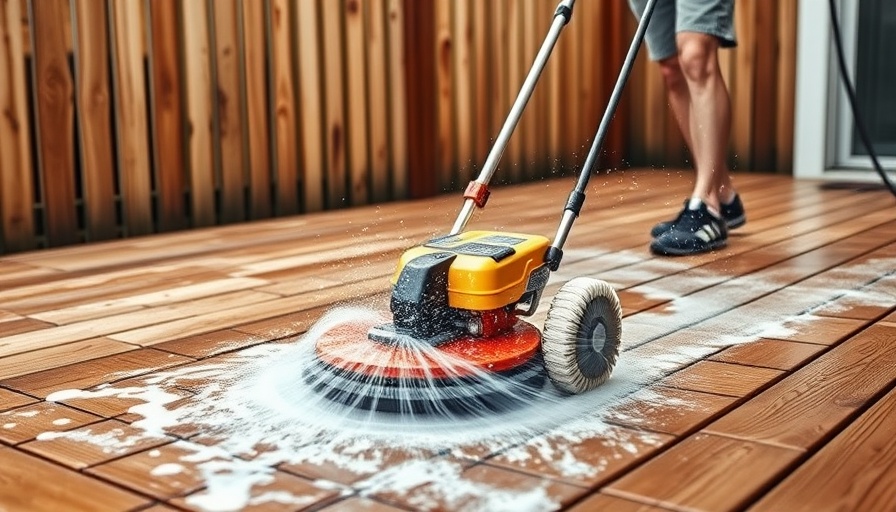 Skil 12V/20V power scrubber cleaning wooden deck, backyard.