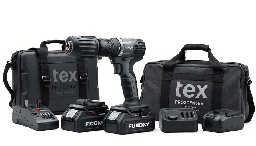 Sleek black and grey Flex tool kit with drill and carrying case.