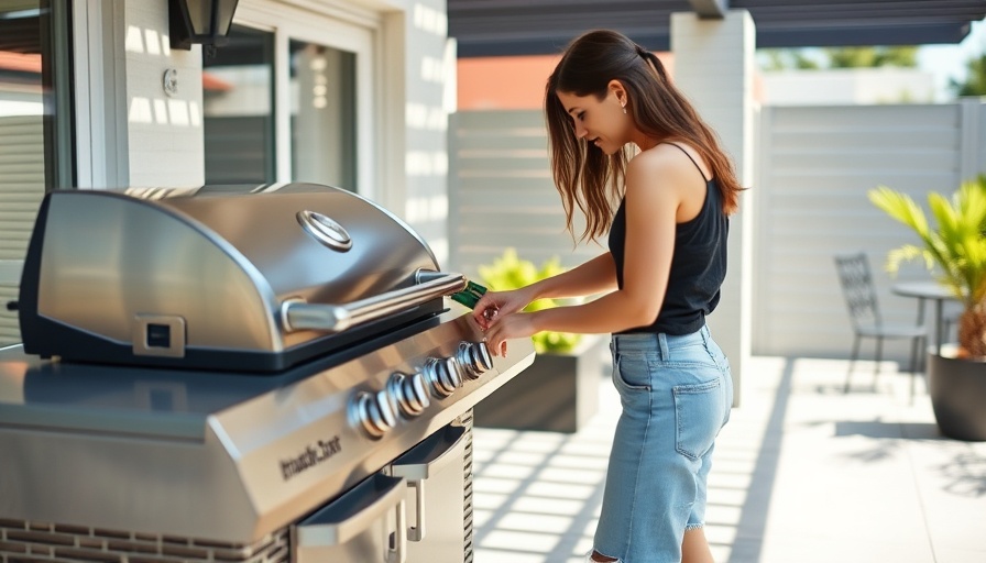 Woman preparing to clean a gas grill on a modern patio
