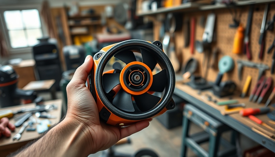 Ridgid 18V Magnetic Clamp Fan held by hand near machinery.