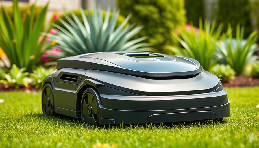 RoboUP T1200 Pro 2025 robotic lawn mower in a lush garden.