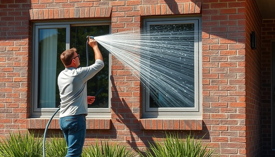 Exterior window cleaning with a hose on a brick wall in bright daylight.