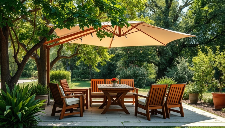 Teak outdoor furniture set under umbrella on a patio, lush background.