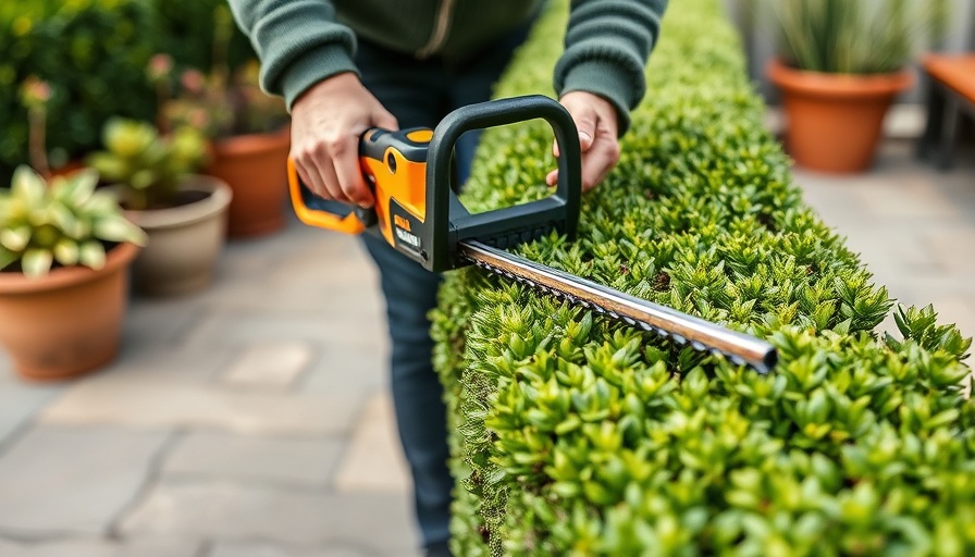 Person trimming hedges with Skil 40V 24-inch hedge trimmer on a patio.