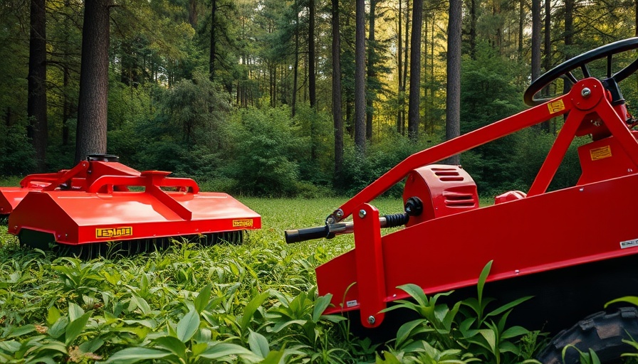 DR XD Series mowers in lush forest setting, vibrant red, sturdy design.
