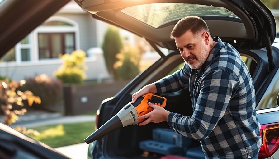 Man cleaning car with Stihl SEA 60 Cordless Wet/Dry Vacuum in garden.