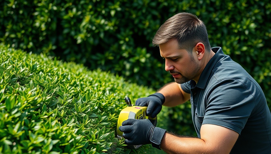 Man using Ryobi 18V hedge trimmer on garden bush