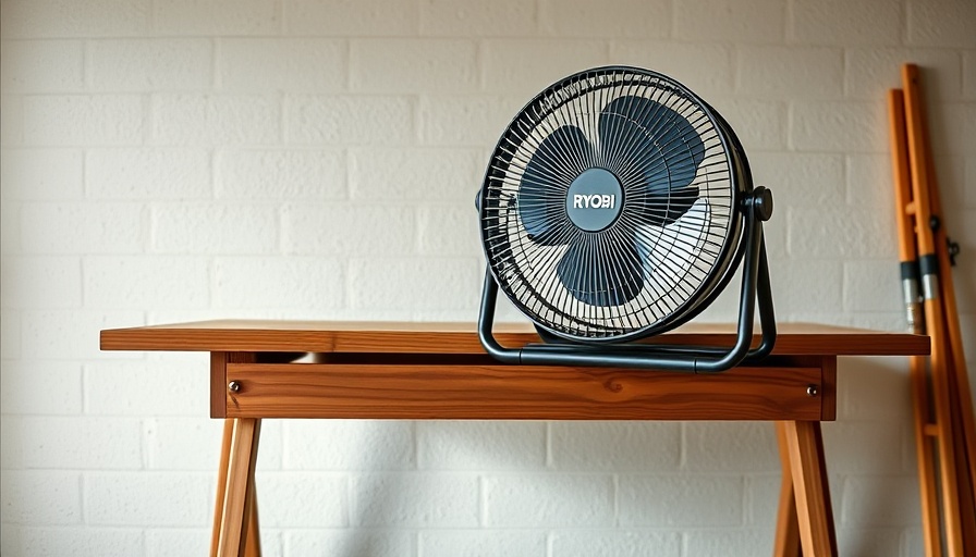 Ryobi fan on folded workbench in workshop review setting.