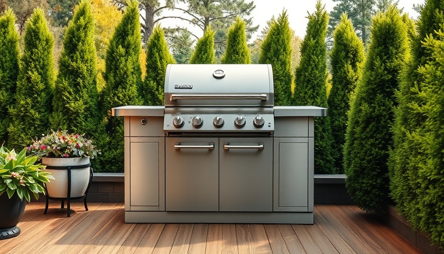 Monument Grills Eminence 425 Gas Grill on a patio with greenery.