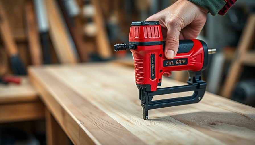 Close-up of a red cordless nailer used on a workbench