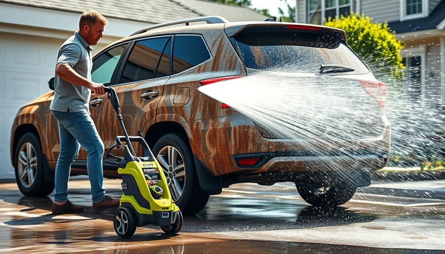 Ryobi High Flow Pressure Washer cleaning muddy SUV on driveway.