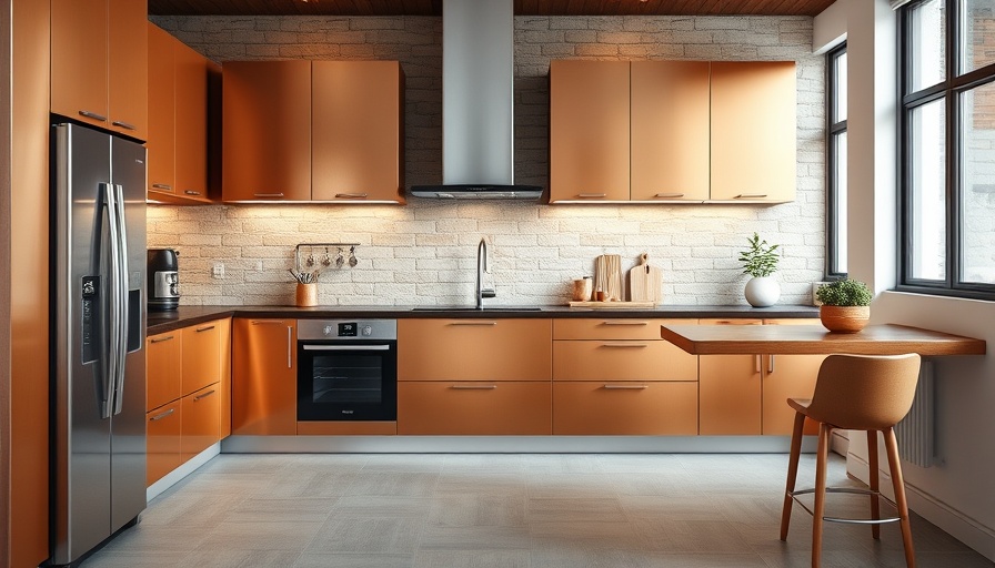 Modern copper cabinets kitchen design with stone wall.