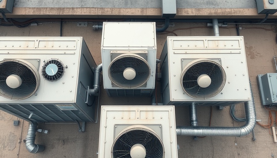 Industrial AC units with fans and ducts on a rooftop.