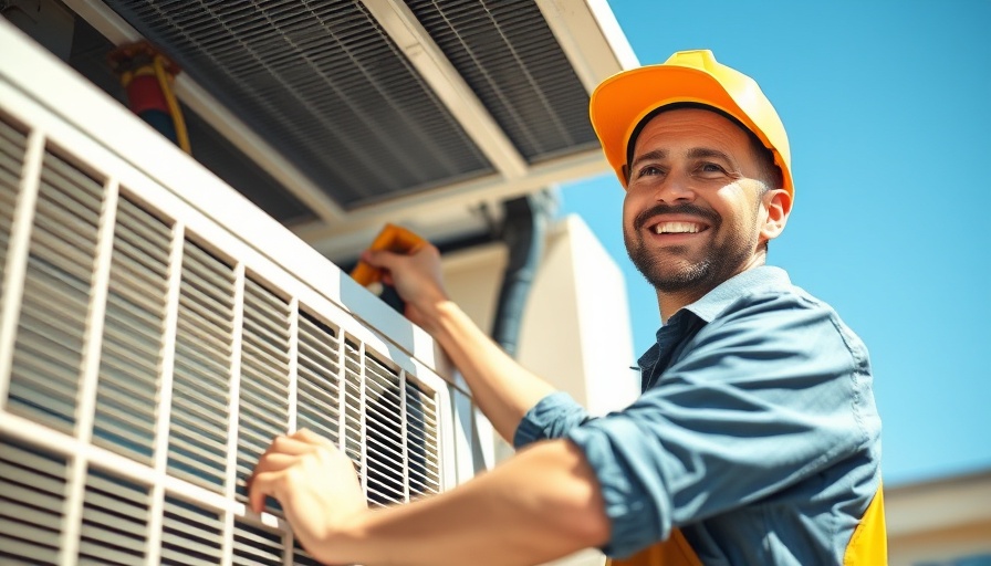 Smiling HVAC technician inspecting an AC unit outdoors. How to vet HVAC contractors.
