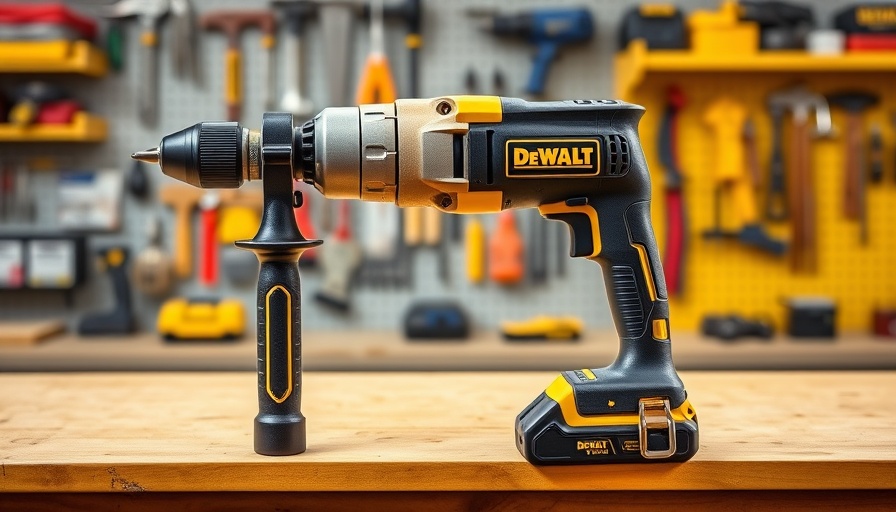 DeWalt DCD806 hammer drill on a workbench in a workshop.