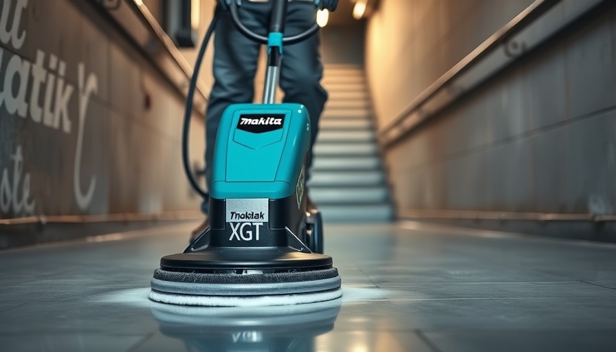 Worker using Makita 40V Max XGT polisher/scrubber in stairwell.