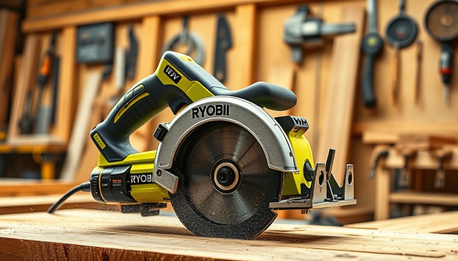 Ryobi 18V One+ HP Brushless Circular Saw cutting wood in workshop.