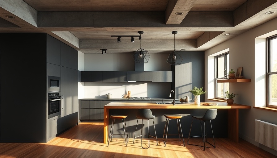 Industrial chic kitchen with dark cabinetry and geometric lighting.