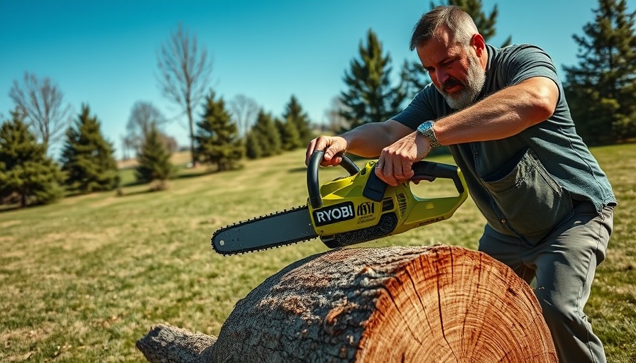 Ryobi 40V Brushless Chainsaw cutting log outdoors.