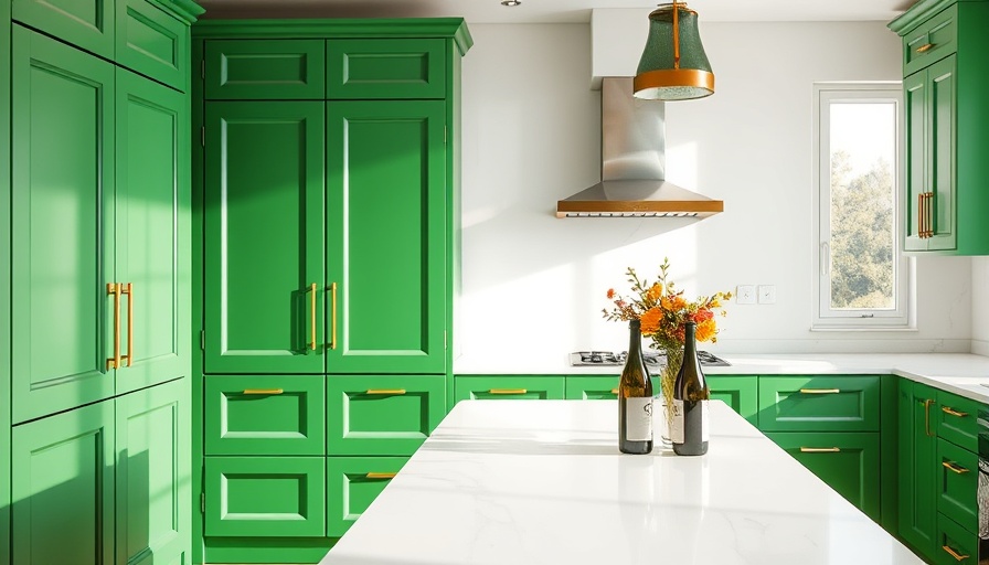 Elegant green kitchen cabinets with gold handles, sunlit kitchen.