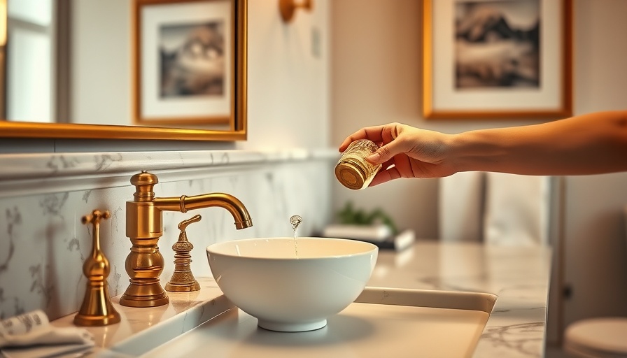 Gold faucet on marble counter with vinegar for clean faucet aerator.