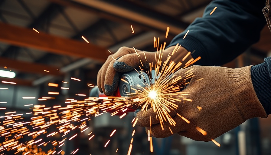 Using a red angle grinder in a workshop, sparks flying.