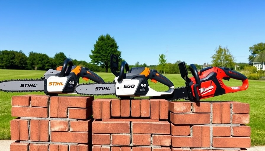 Battery chainsaw comparison with Stihl, Ego, Milwaukee models outdoors.