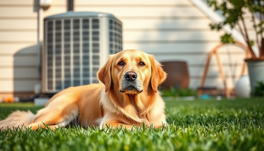 Golden retriever relaxing by a modern heat pump; Upgrade to a Heat Pump.