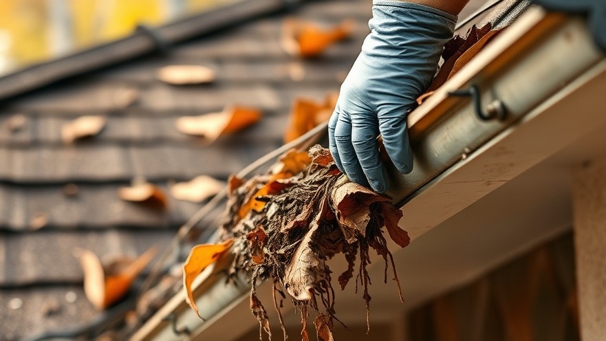 Close-up of gutter maintenance, removing dirt and leaves for water damage prevention.