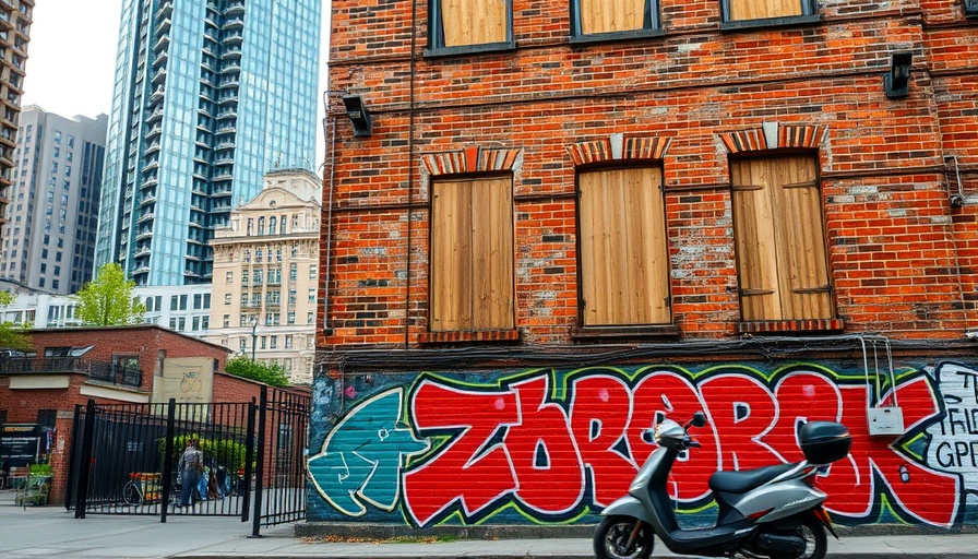 Urban street scene in North Beach with aged building and colorful mural.