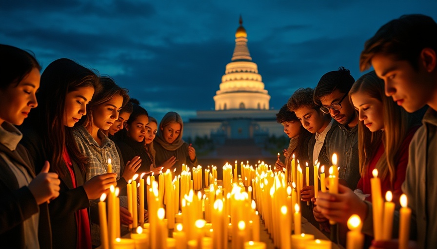 Nepal's Gen Z gathered around candles in front of a stupa at dusk.