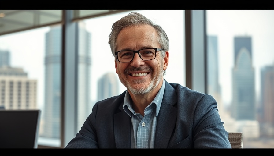 Middle-aged man smiling in an office with city view, related to AI Data Centers.